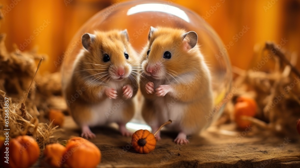 Two hamsters are standing inside of a glass ball. Generative AI image. Two hamsters are standing inside of a glass ball. Generative AI image.