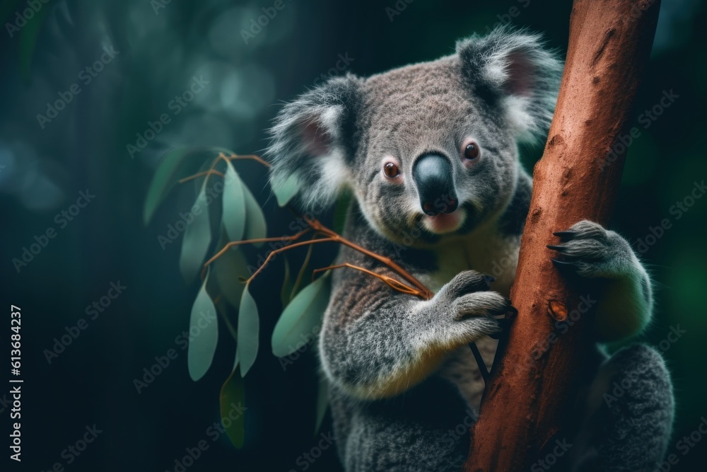 Fototapeta premium A koala bear sitting on a tree branch. Generative AI image.