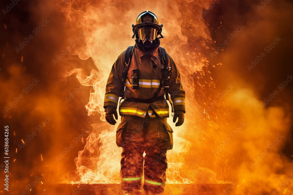 Fototapeta premium fireman fire rescue smoke firefighter fighter safety equipment emergency uniform. Generative AI.