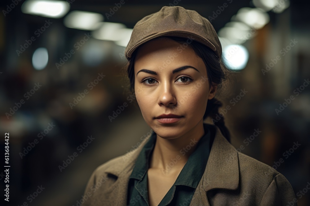 Work force, hispanic female factory worker posing looking at the camera Work force, hispanic female factory worker posing looking at the camera