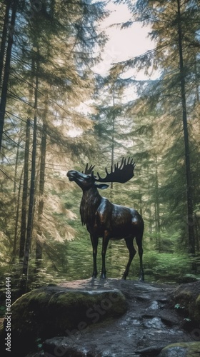 A statue of a moose in a forest. Generative AI image.