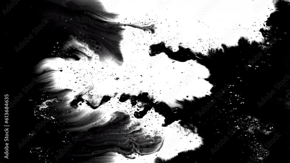 Black ink artistic abstract grunge background flow splatter spots spills white paper beautiful reveal dripping streaks spread fluid ink alpha matte isolated watercolor ink drops transition
