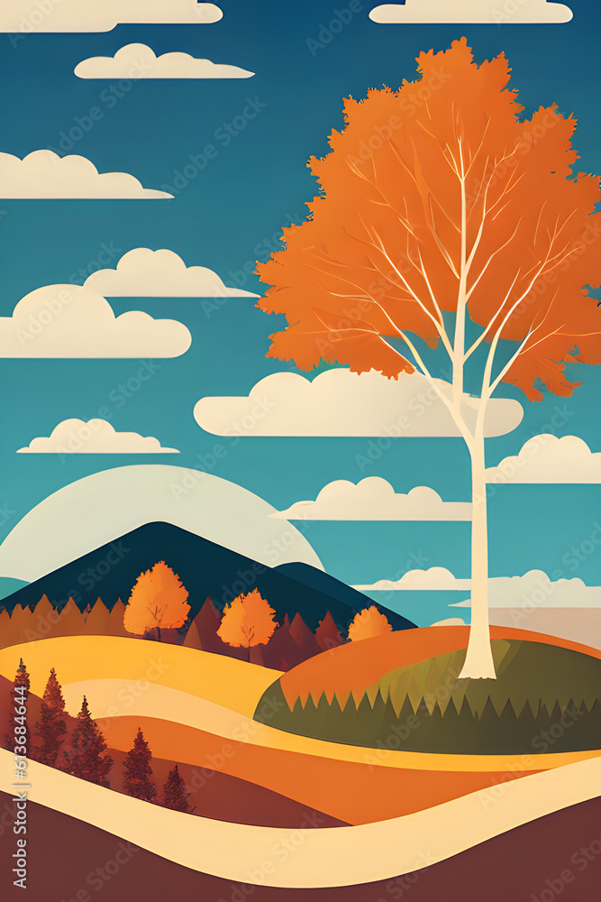 Image of a autumn landscape with trees and hills and clouds. Art deco minimalism art.
(AI-generated fictional illustration)
