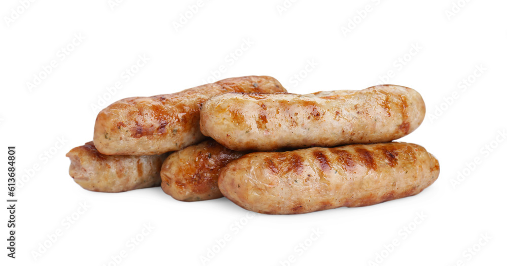 Tasty fresh grilled sausages isolated on white Tasty fresh grilled sausages isolated on white