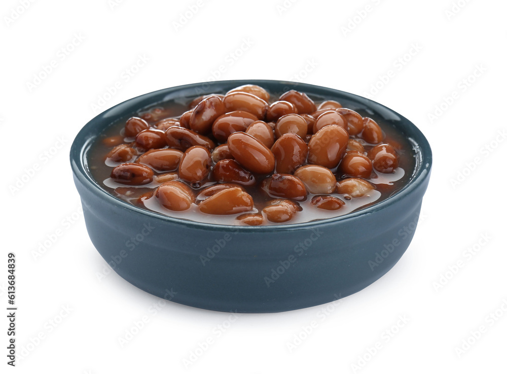 Bowl of canned kidney beans on white background