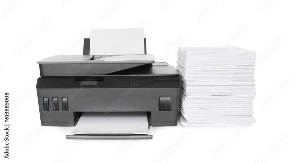 Modern printer and stack of paper on white background Modern printer and stack of paper on white background