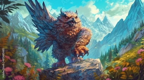 A owlbear guarding a mountain pass. Fantasy concept , Illustration painting.
