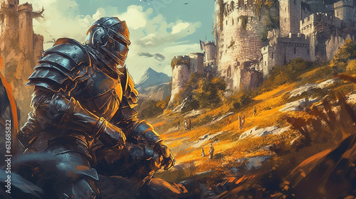 A paladin defending a village from a bandit raid. Fantasy concept , Illustration painting.