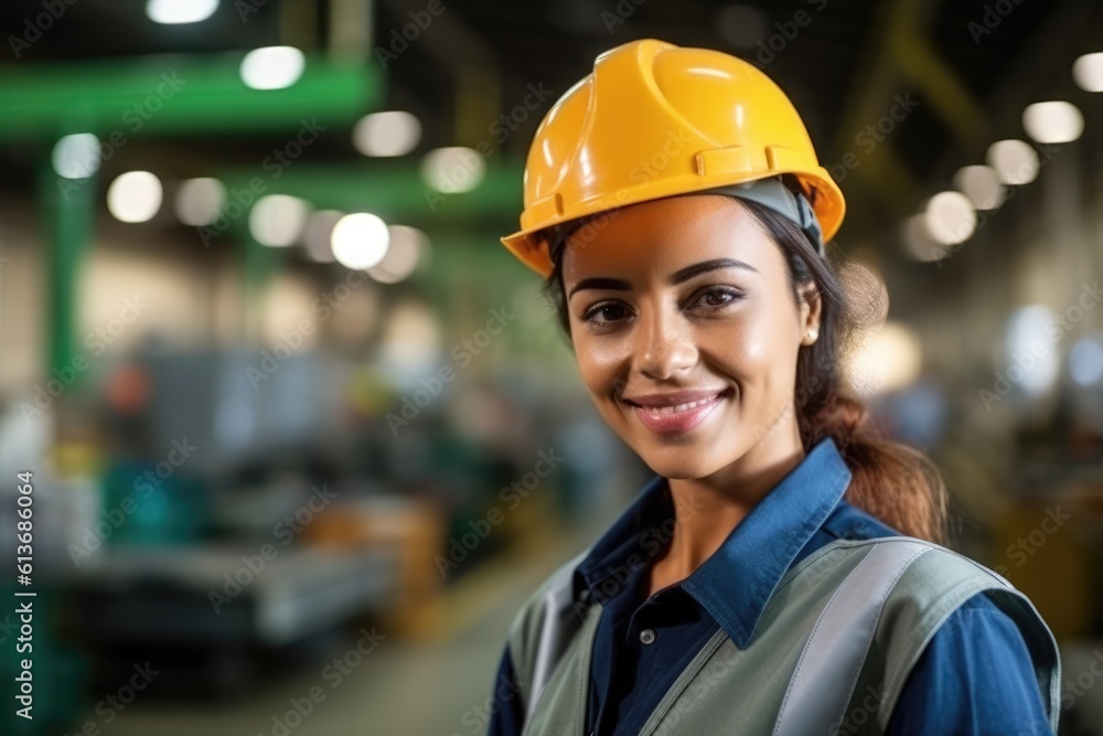 Work force, hispanic female factory worker posing looking at the camera Work force, hispanic female factory worker posing looking at the camera