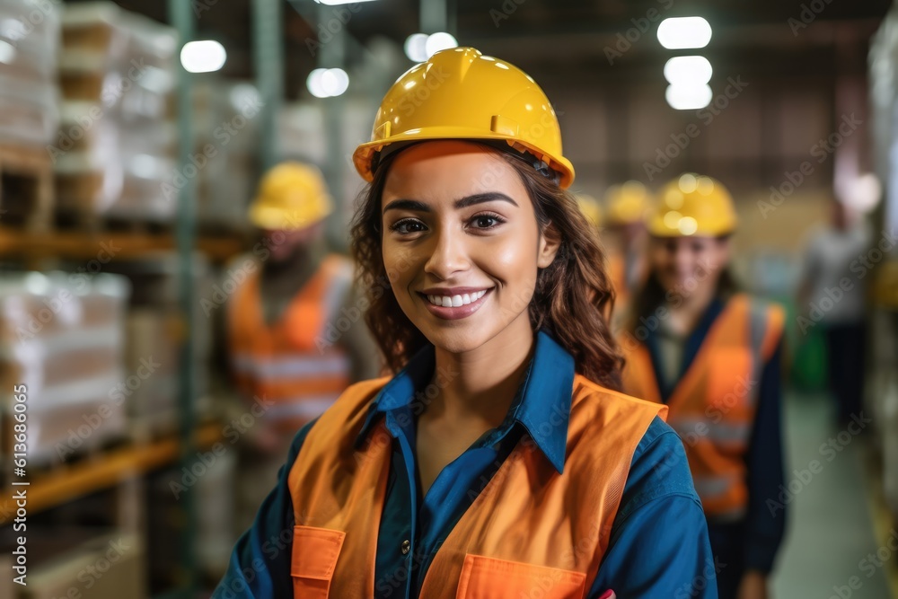 Work force, hispanic female factory worker posing looking at the camera Work force, hispanic female factory worker posing looking at the camera