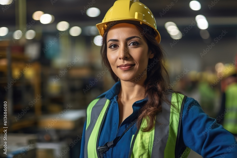 Work force, hispanic female factory worker posing looking at the camera Work force, hispanic female factory worker posing looking at the camera