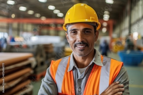 Work force, hispanic male factory worker posing looking at the camera