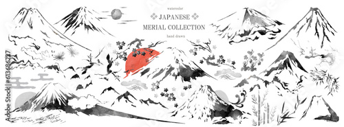 富士山, 筆書き, 和, ベクター, フレーム, 背景, 年賀状, 初日の出, 日の出, セット, 山, 山水, 花, 和柄, 水墨, 松竹梅, 桜, 松, 竹, 梅, 水彩, イラスト