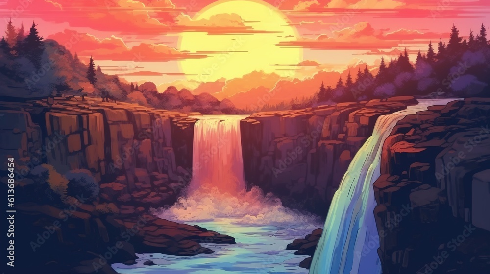 A rainbow over a waterfall. Fantasy concept , Illustration painting.