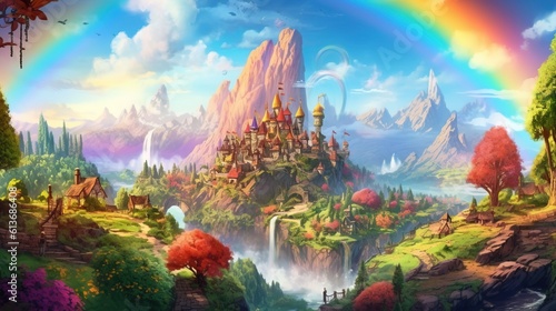 A rainbow over a fairy village in the forest. Fantasy concept   Illustration painting.