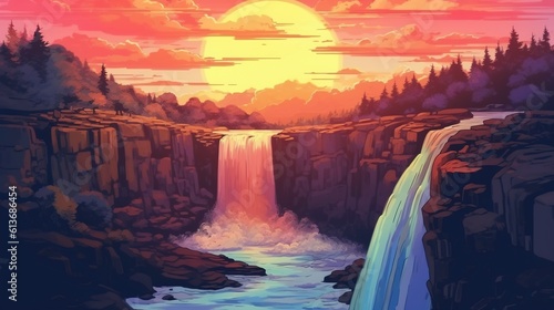 A rainbow over a waterfall. Fantasy concept   Illustration painting.