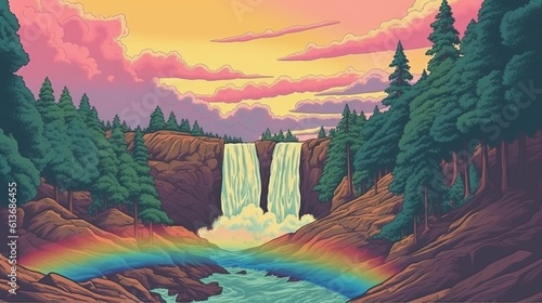 A rainbow over a waterfall. Fantasy concept , Illustration painting.