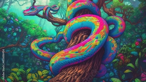 A rainbow serpent coiled around a tree in a tropical rainforest. Fantasy concept   Illustration painting.