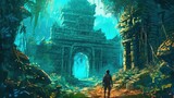 A ranger exploring a mysterious ruin in a dense jungle. Fantasy concept , Illustration painting.