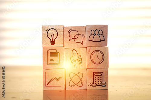 Business startup icons drawnn with wooden letter, life and business motivational inspirational photo