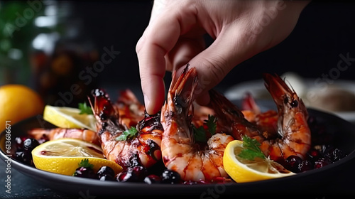 close up of a chef preparing shrimp with lemon. Generative AI