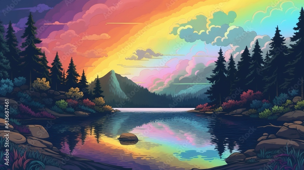 A serene rainbow over a lake. Fantasy concept , Illustration painting.