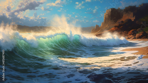 A stormy beach with crashing waves. Fantasy concept , Illustration painting.