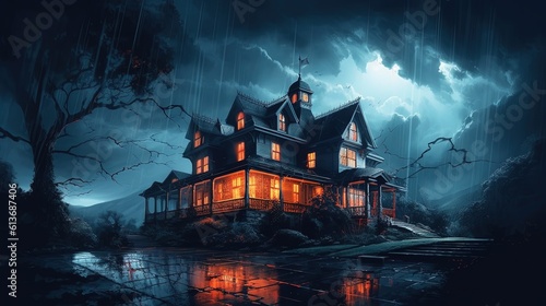 A stormy night in a haunted mansion. Fantasy concept , Illustration painting.