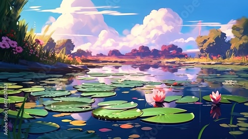 Fotografia A serene pond with a lily pad and a frog