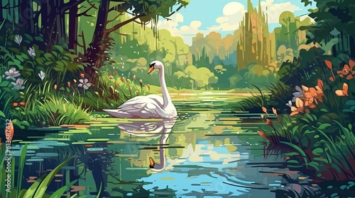 Fototapeta Naklejka Na Ścianę i Meble -  A serene pond with a swan swimming gracefully. Fantasy concept , Illustration painting.