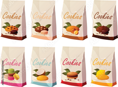 Cute vector illustration of  various kinds of cookies and macaroons in bags isolated on white background.