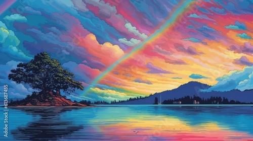 A serene rainbow over a lake. Fantasy concept   Illustration painting.