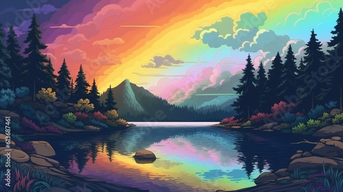 A serene rainbow over a lake. Fantasy concept   Illustration painting.