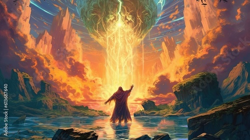 A sorcerer summoning a powerful elemental to do their bidding. Fantasy concept , Illustration painting.
