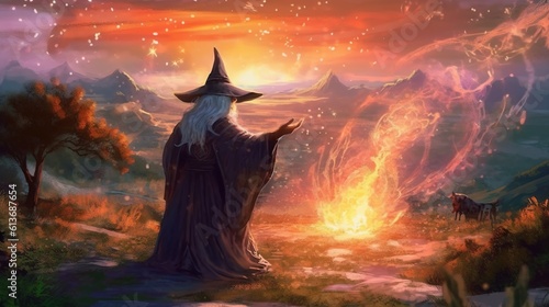 Stampa su tela A sorcerer summoning a powerful elemental to do their bidding