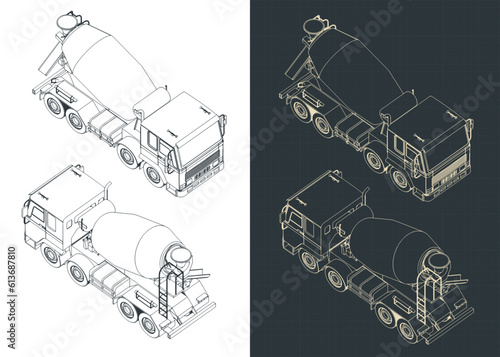 Concrete mixer truck isometric blueprints