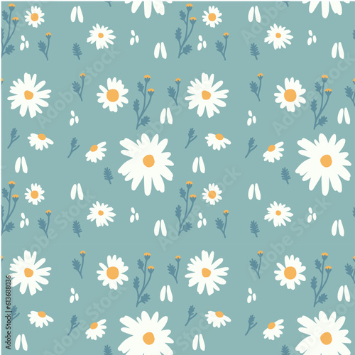 Vector illustration. Seamless pattern with chamomile petals and twigs. Big set of flowers.