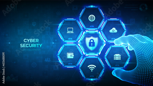 Cyber Security. Data protection concept. Shield protect icon. Internet privacy and safety. Antivirus. Wireframe hand places an element into a composition visualizing cyber security processes. Vector.