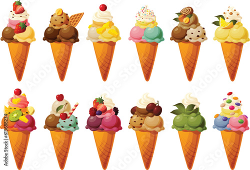 Vector illustration of ice cream cones with various flavors and colorful toppings and garnish.