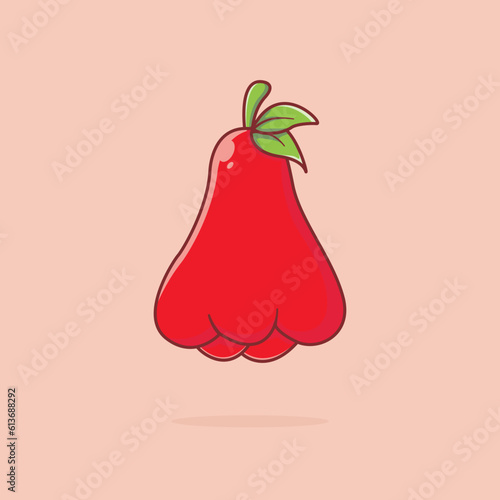 Single watery rose apple fruit icon vector illustration with isolated fresh green leaf. Designed in simple flat cartoon style. Water apple icon. Syzygium aqueum. 