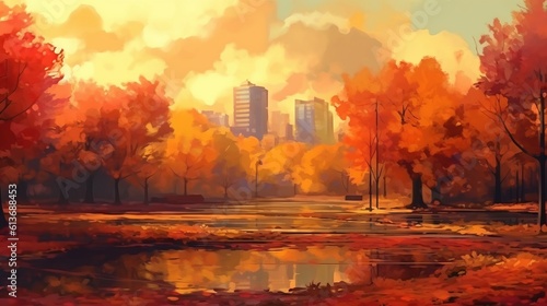 A beautiful abstract autumn landscape of a city park in autumn with golden sunlight. Generative AI.  © Elle Arden 