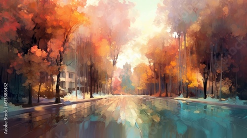 A beautiful abstract autumn landscape of a city park in autumn with golden sunlight. Generative AI. 