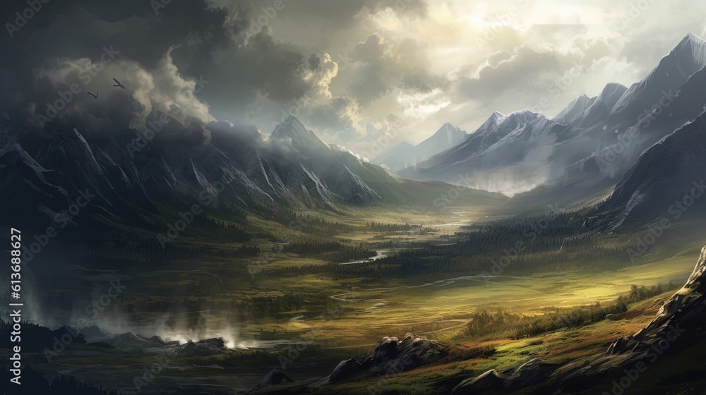 A thunderstorm brewing over a mountain range. Fantasy concept , Illustration painting.