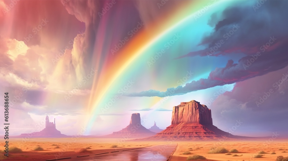 A thunderstorm in a desert with a rainbow in the distance. Fantasy concept , Illustration painting.