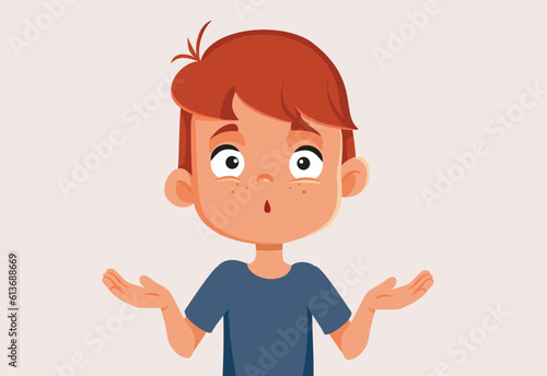 Preschooler Shrugging feeling puzzled vector cartoon character. Stressed worried child unsure about his ideas
