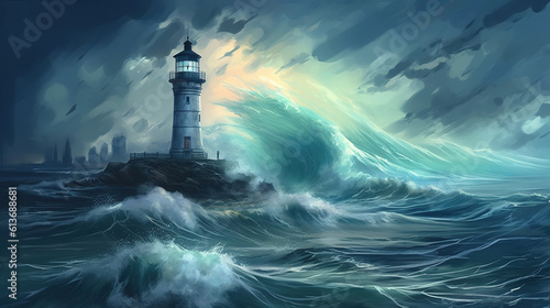 A stormy sea with a lighthouse in the distance. Fantasy concept , Illustration painting.
