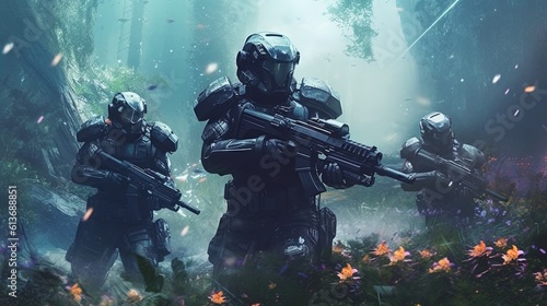 A group of futuristic soldiers with sci-fi weapon in hands ready for the battle. Fantasy concept , Illustration painting.