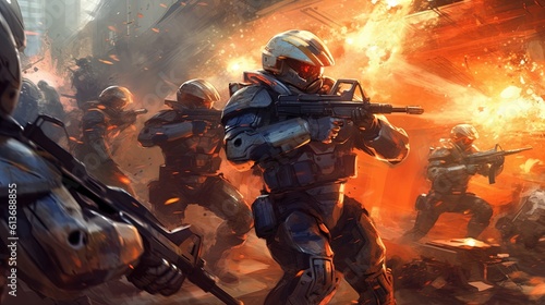 A group of futuristic soldiers with sci-fi weapon in hands ready for the battle. Fantasy concept , Illustration painting.