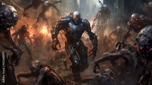 A team of futuristic soldiers fighting a horde of zombie cyborgs. Fantasy concept , Illustration painting.