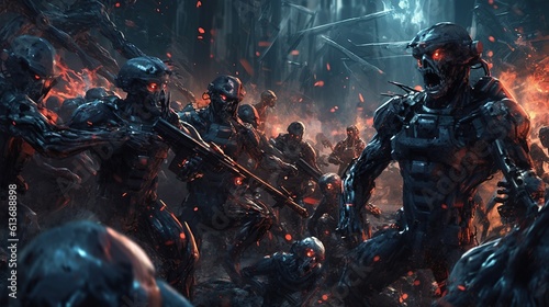 A team of futuristic soldiers fighting a horde of zombie cyborgs. Fantasy concept , Illustration painting.